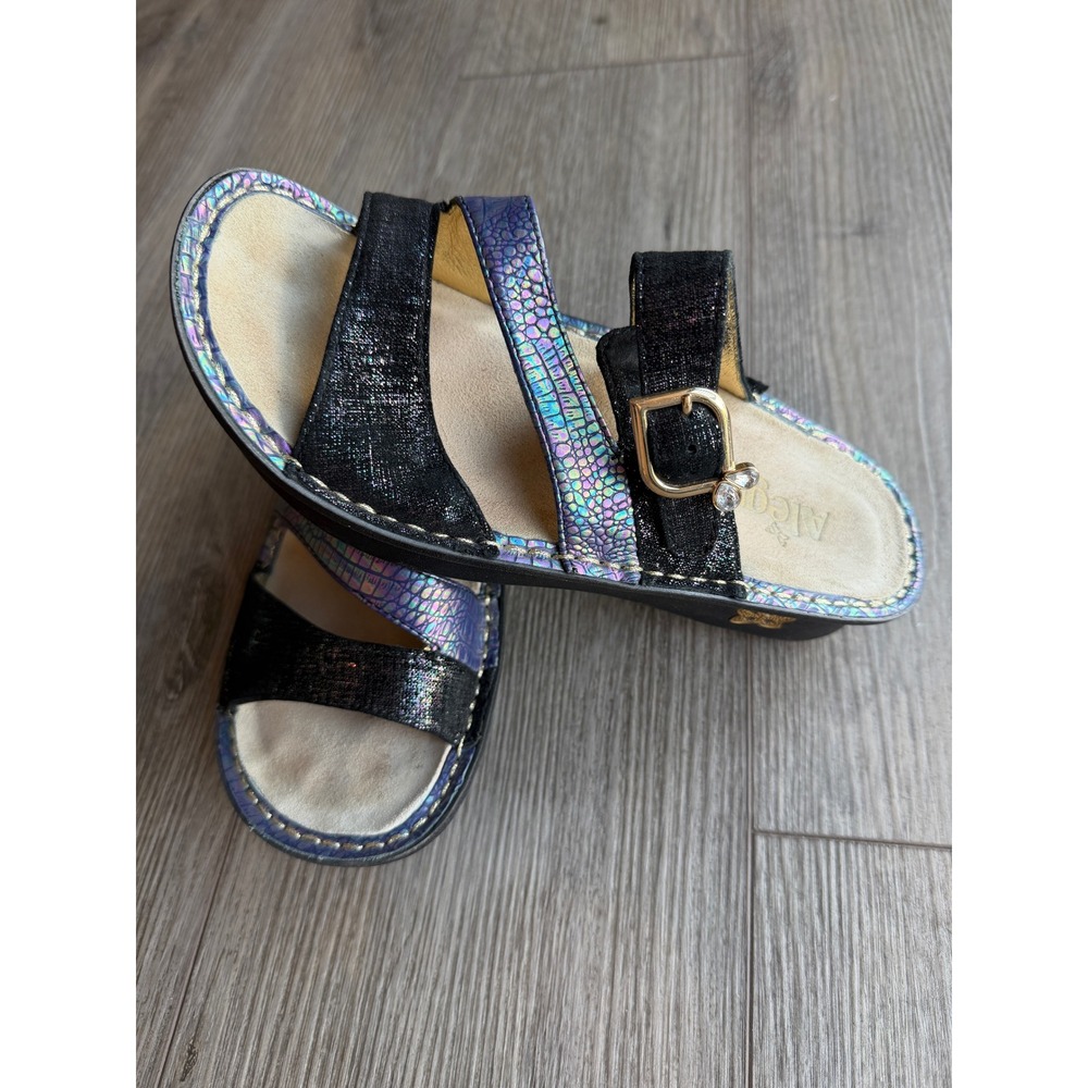 Alegria PG Lite Iridescent Purple Snakeskin Black Metallic Slide Sandals Size 36